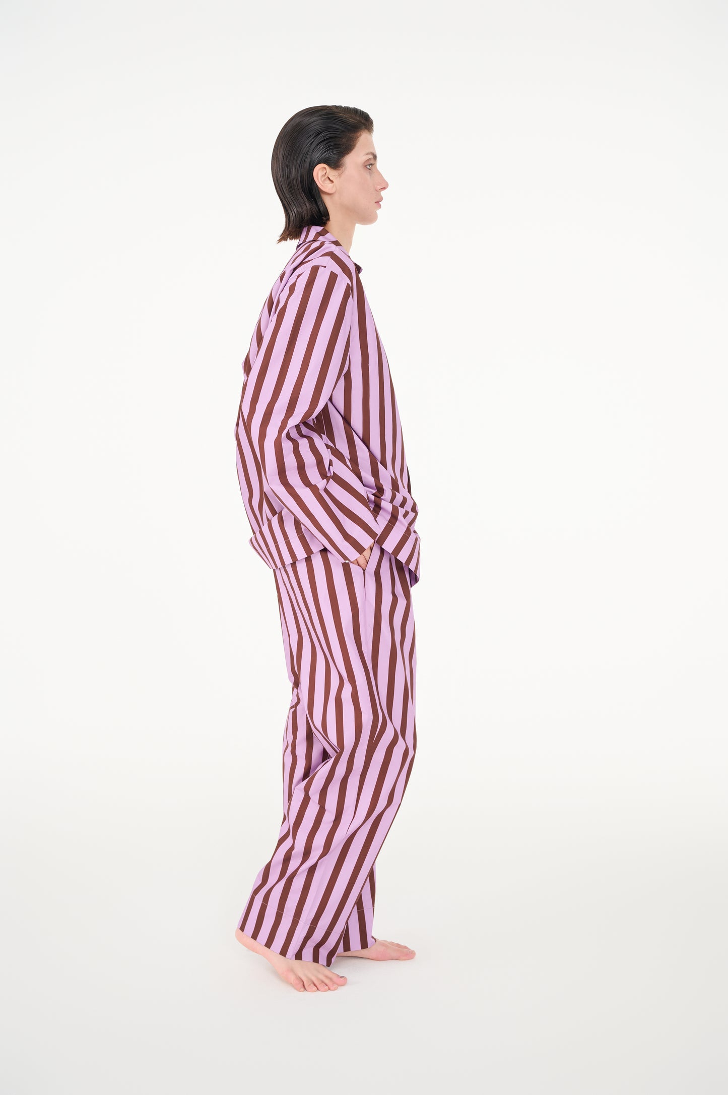 Pink coffee striped poplin long-sleeved loungewear(Colorist series)