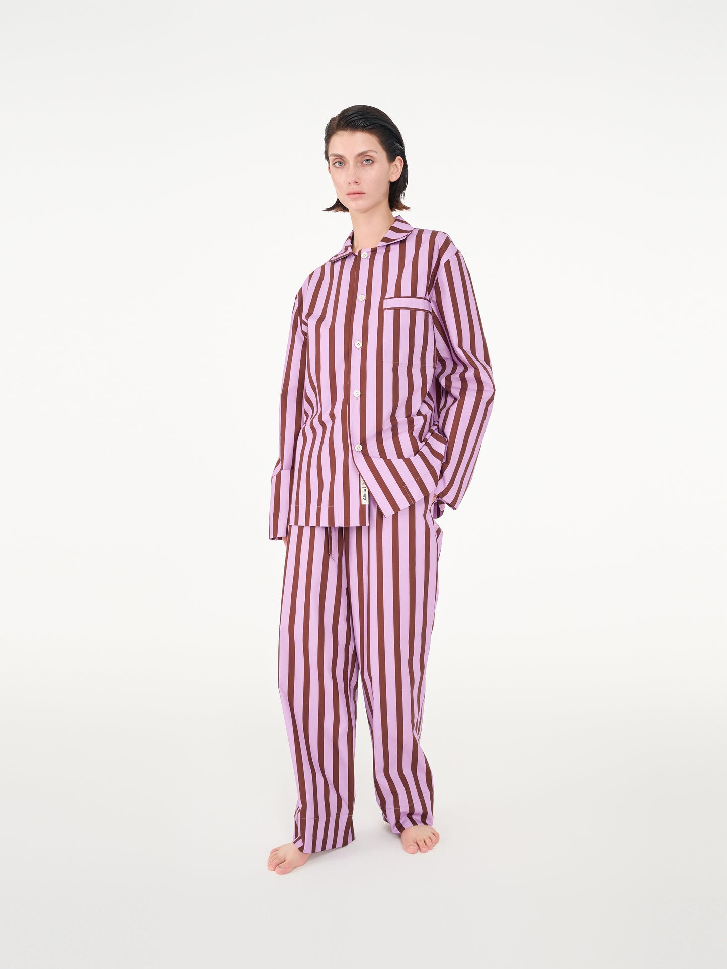 Pink coffee striped poplin long-sleeved loungewear(Colorist series)