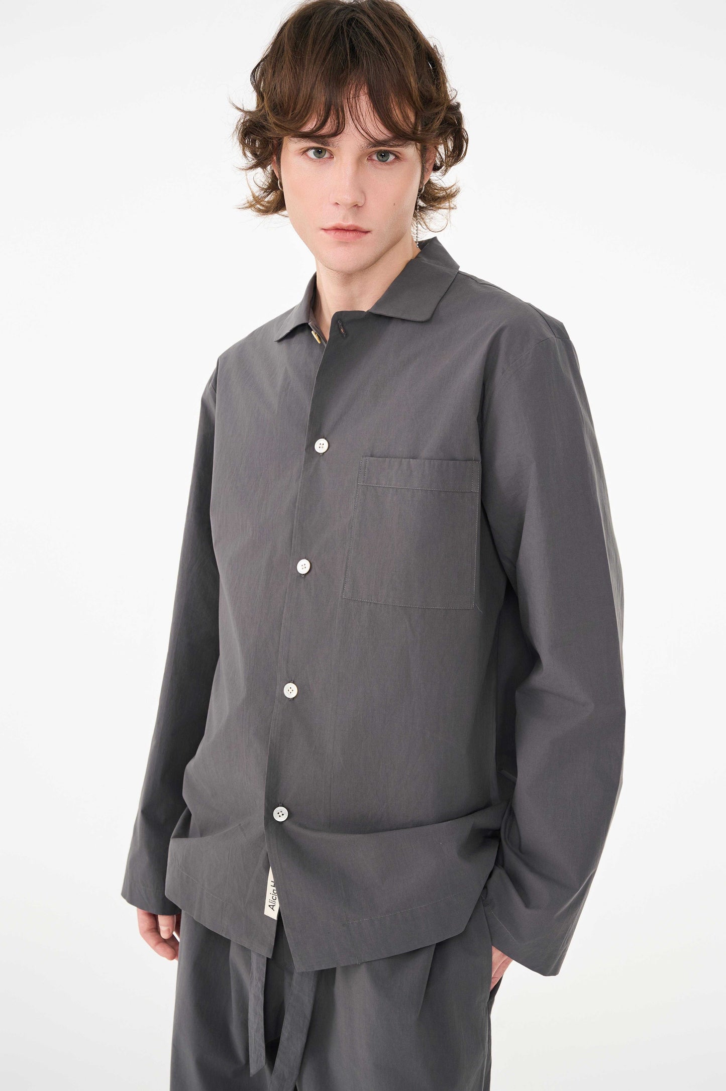 Men's grey poplin long-sleeved loungewear
